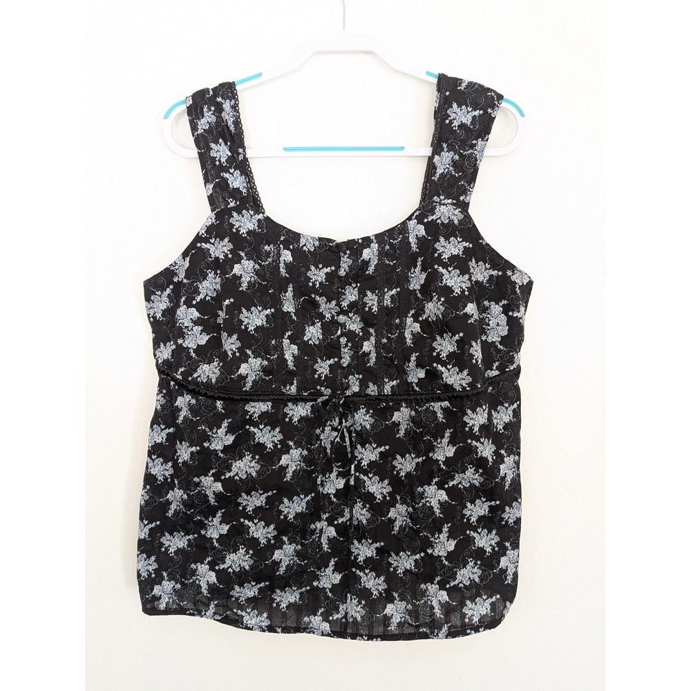 Venezia Womens 18 Floral Tank Top Black Y2K Cotton Lace Trim Babydoll Blouse
